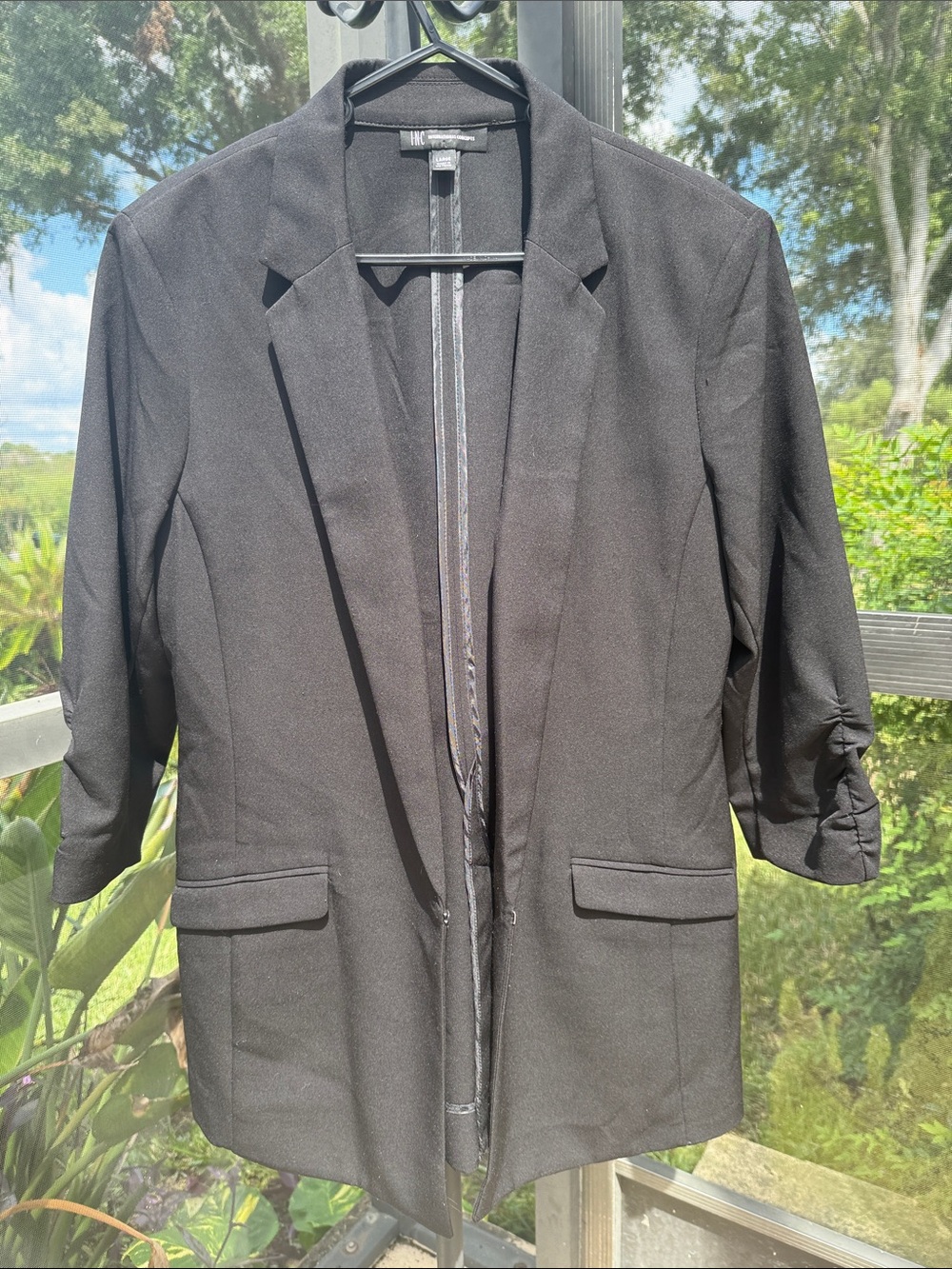 INC International Concepts Black Open-Front Blazer with 3/4 Ruched Sleeves